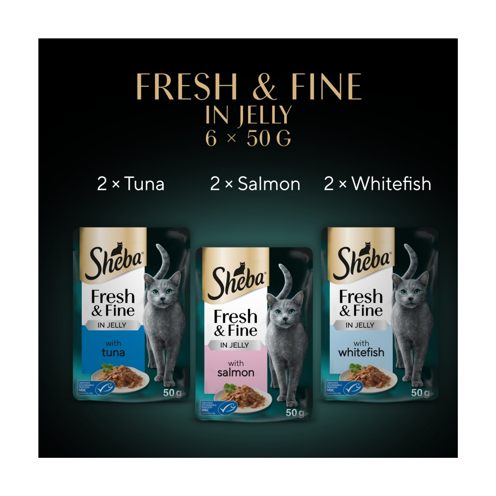 Sheba | Wet Cat Food Pouches | Fresh & Fine in Jelly with Tuna, Salmon & White Fish