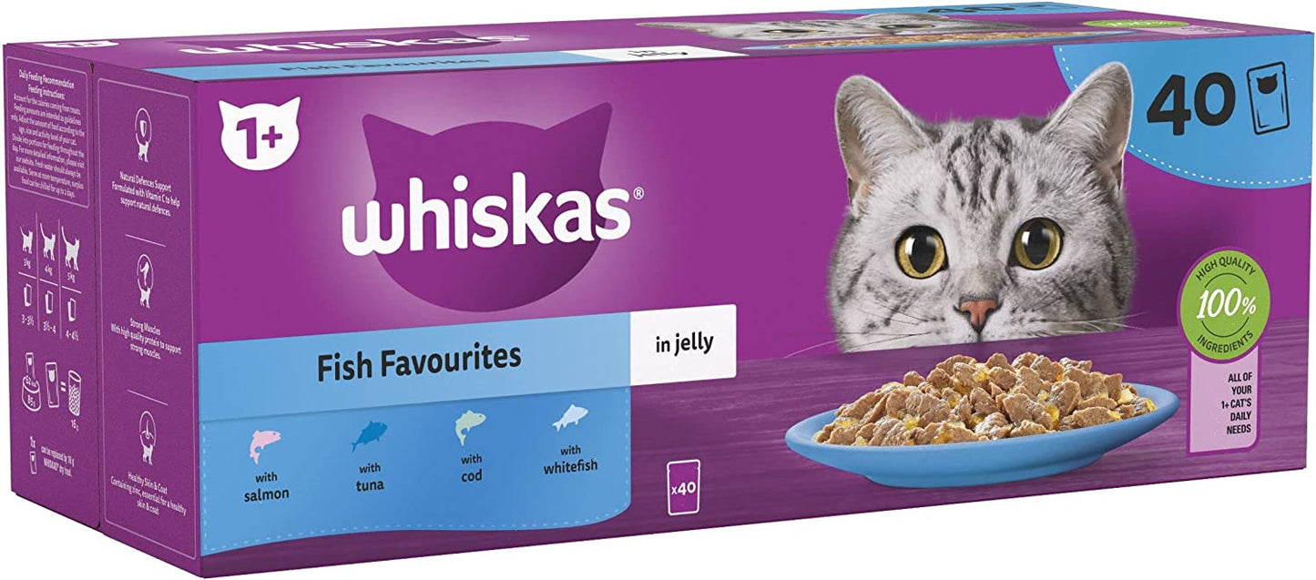 Whiskas | Wet Cat Food Pouches | Adult | Fish Favourites in Jelly - 40 x 85g